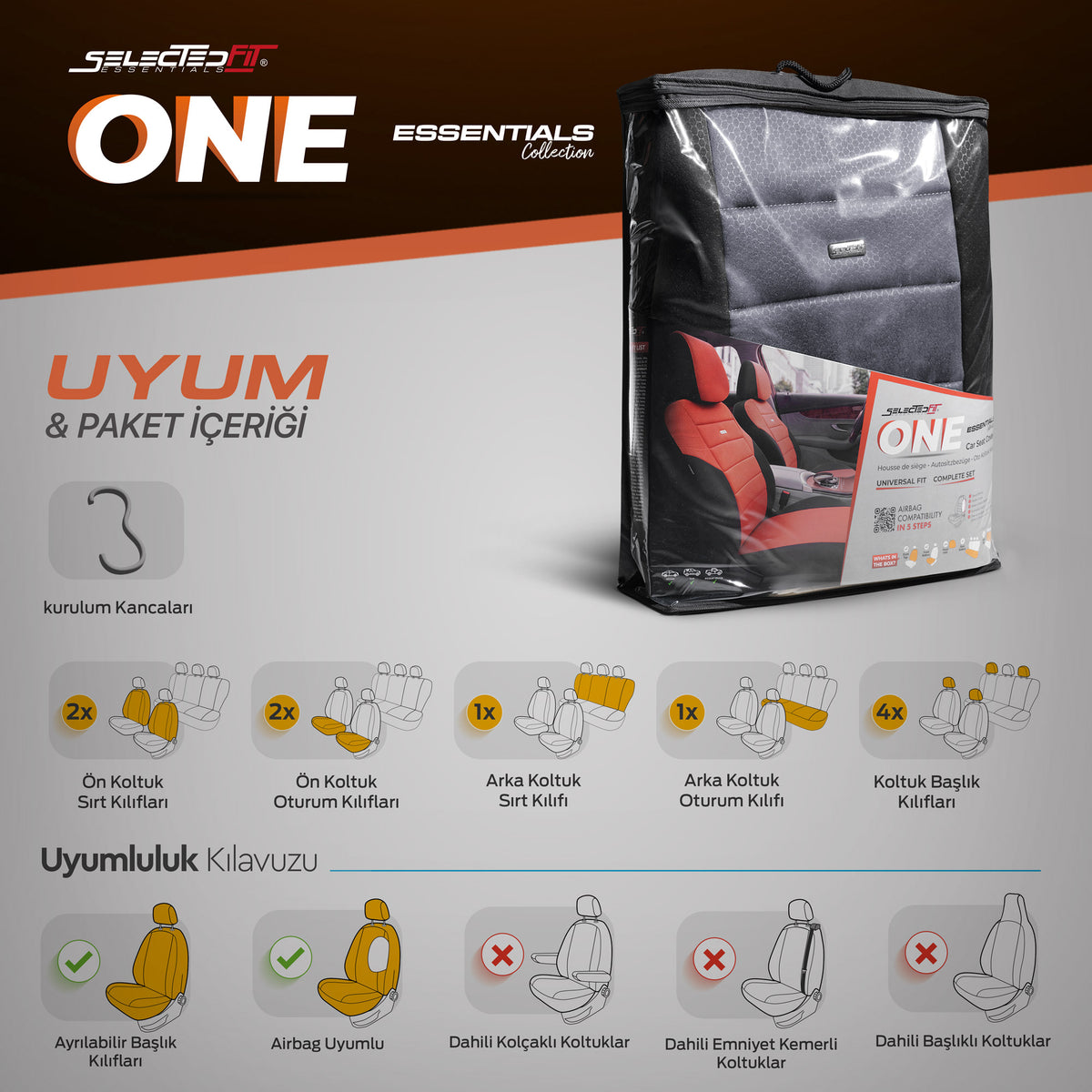 Set de huse pentru scaune Selectedfit One 102 – negru/gri, pentru scaunele din față și din spate