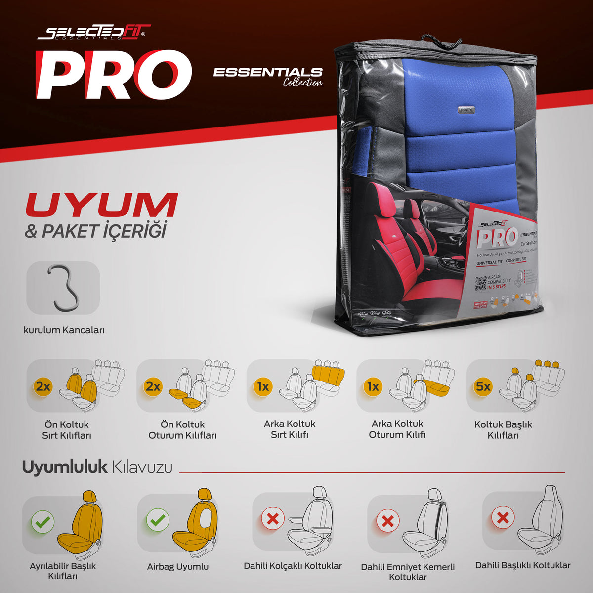 Set huse Selectedfit Pro 107 – Negru/albastru, pentru scaunele din față și din spate