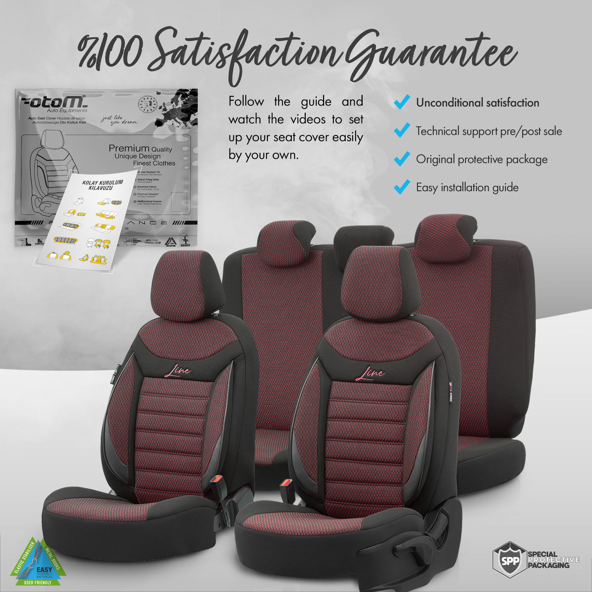 Set huse auto Line 1003 – Negru/bordo, material textil, pentru scaunele din față și din spate