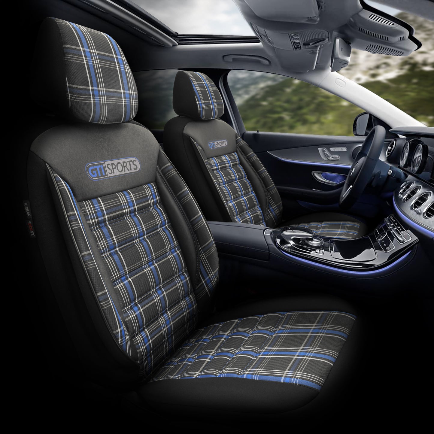 Set Tapițerie GTI Sports – Negru/Albastru, Textil, pentru Scaune Față și Spate