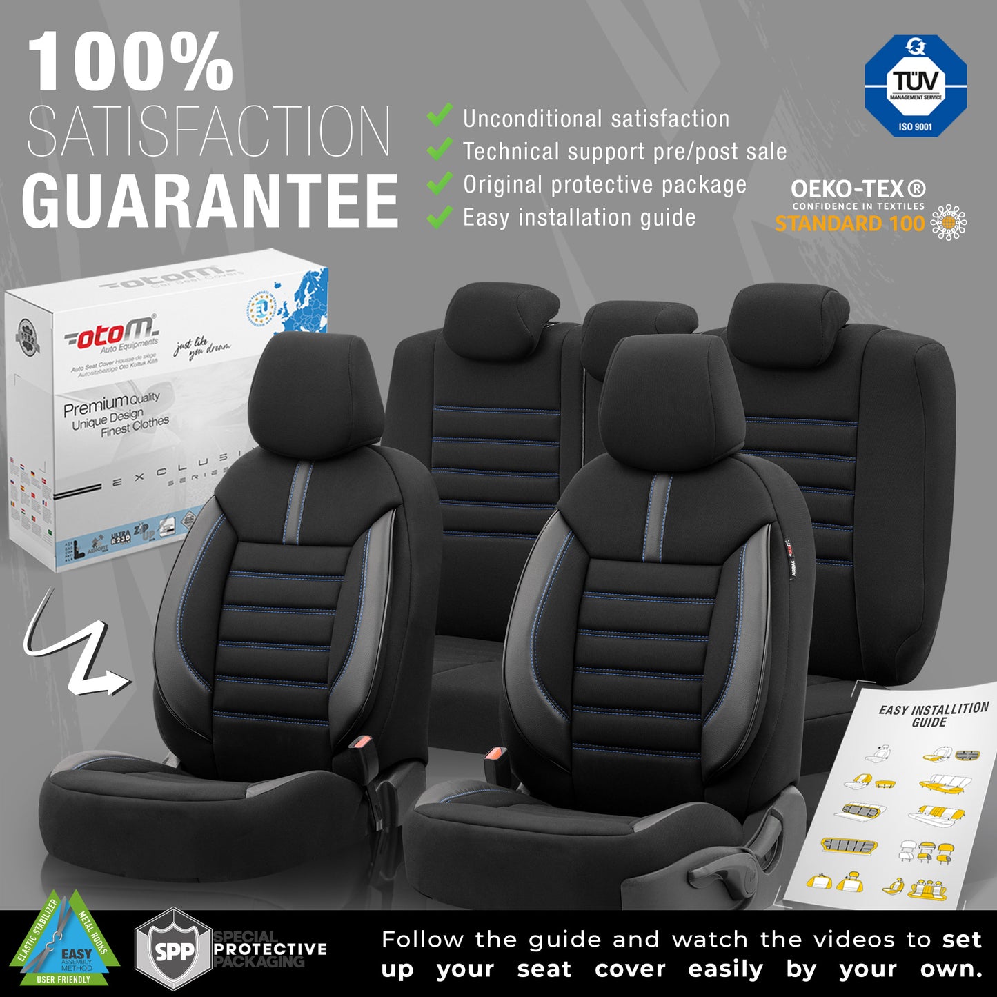 Set Tapițerie Limited – Negru cu Cusătură Albastră, Textil, pentru Scaune Față și Spate