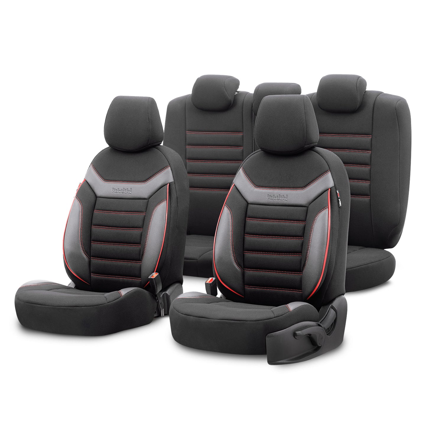 Set Tapițerie Individuală – Negru cu Cusătură Roșie, Textil, pentru Scaune Față și Spate