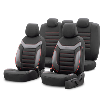 Set Tapițerie Individuală – Negru cu Cusătură Roșie, Textil, pentru Scaune Față și Spate