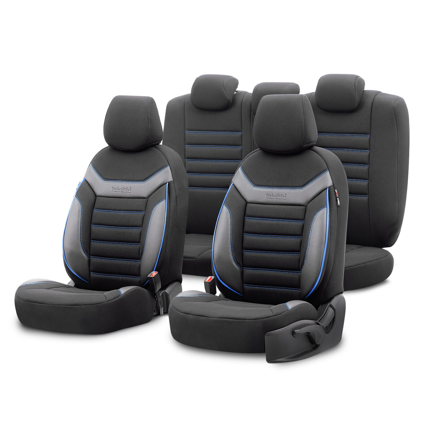 Set Tapițerie Individuală – Negru cu Cusătură Albastră, Textil, pentru Scaune Față și Spate