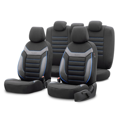 Set Tapițerie Individuală – Negru cu Cusătură Albastră, Textil, pentru Scaune Față și Spate