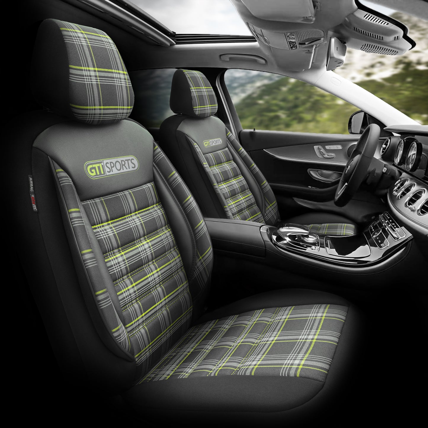 Set Tapițerie GTI Sports – Negru/Verde, Textil, pentru Scaune Față și Spate