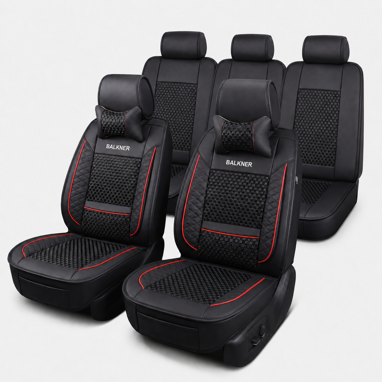 Husă universală de lux Balkner pentru minivan cu 5 locuri și 3 scaune spate separate, piele ecologică, 11 piese – neagră cu cusătură roșie