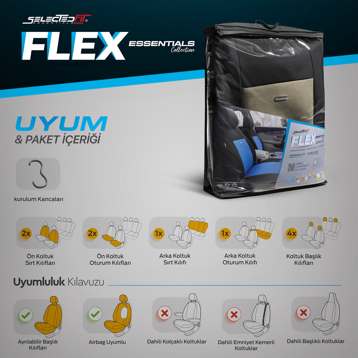 Set de huse Selectedfit Flex 103 – negru/bej, pentru scaunele din față și din spate