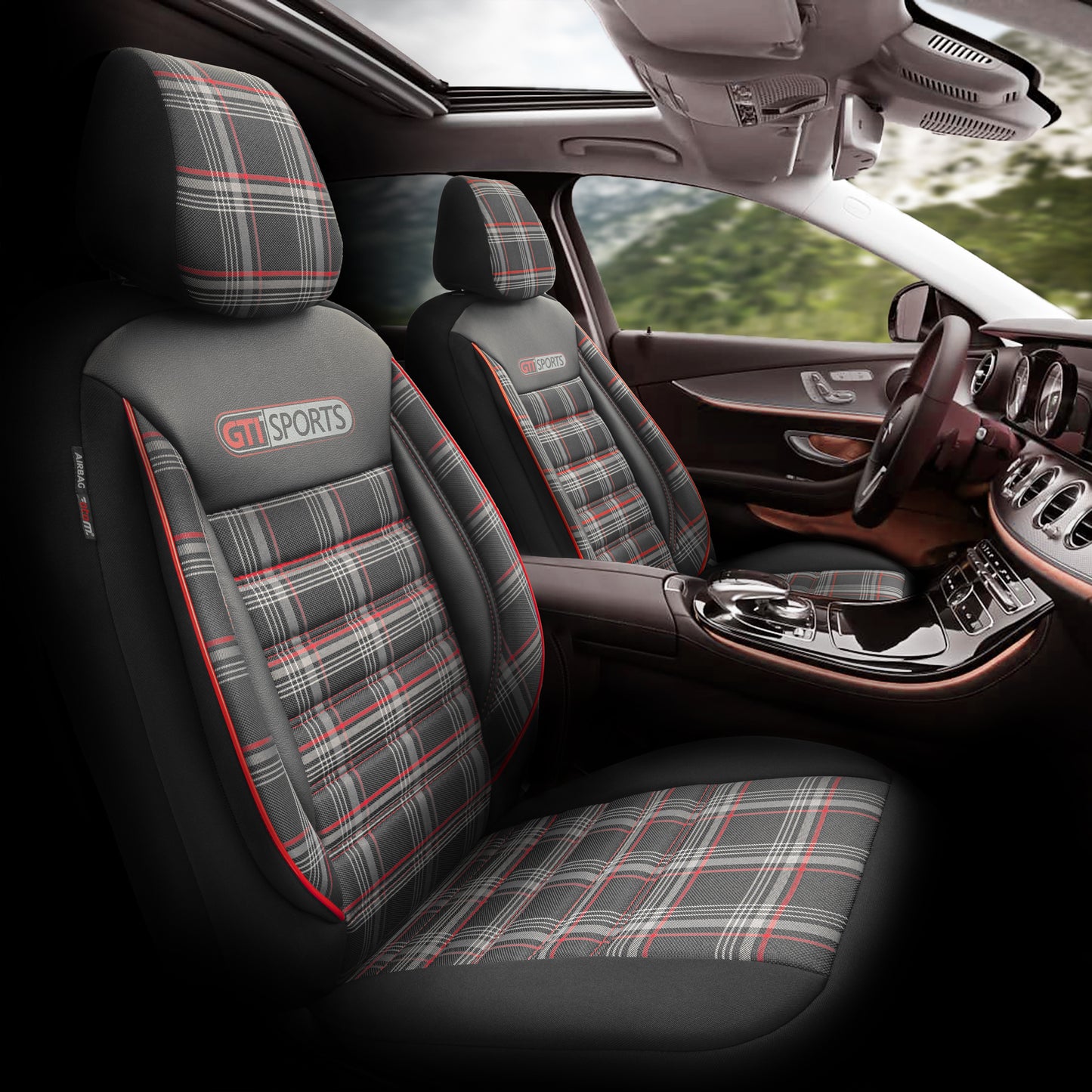 Set Tapițerie GTI Sports – Negru/Roșu, Textil, pentru Scaune Față și Spate