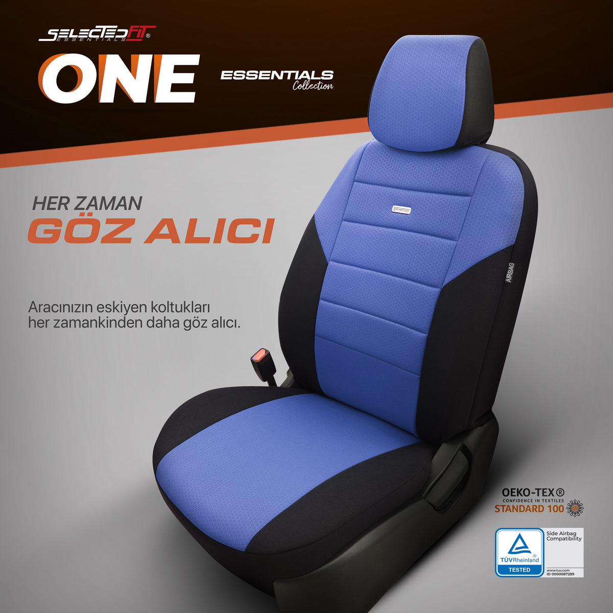Set de huse pentru scaune Selectedfit One 107 – negru/albastru, pentru scaunele din față și din spate