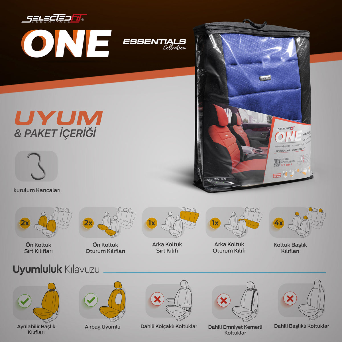 Set de huse pentru scaune Selectedfit One 107 – negru/albastru, pentru scaunele din față și din spate