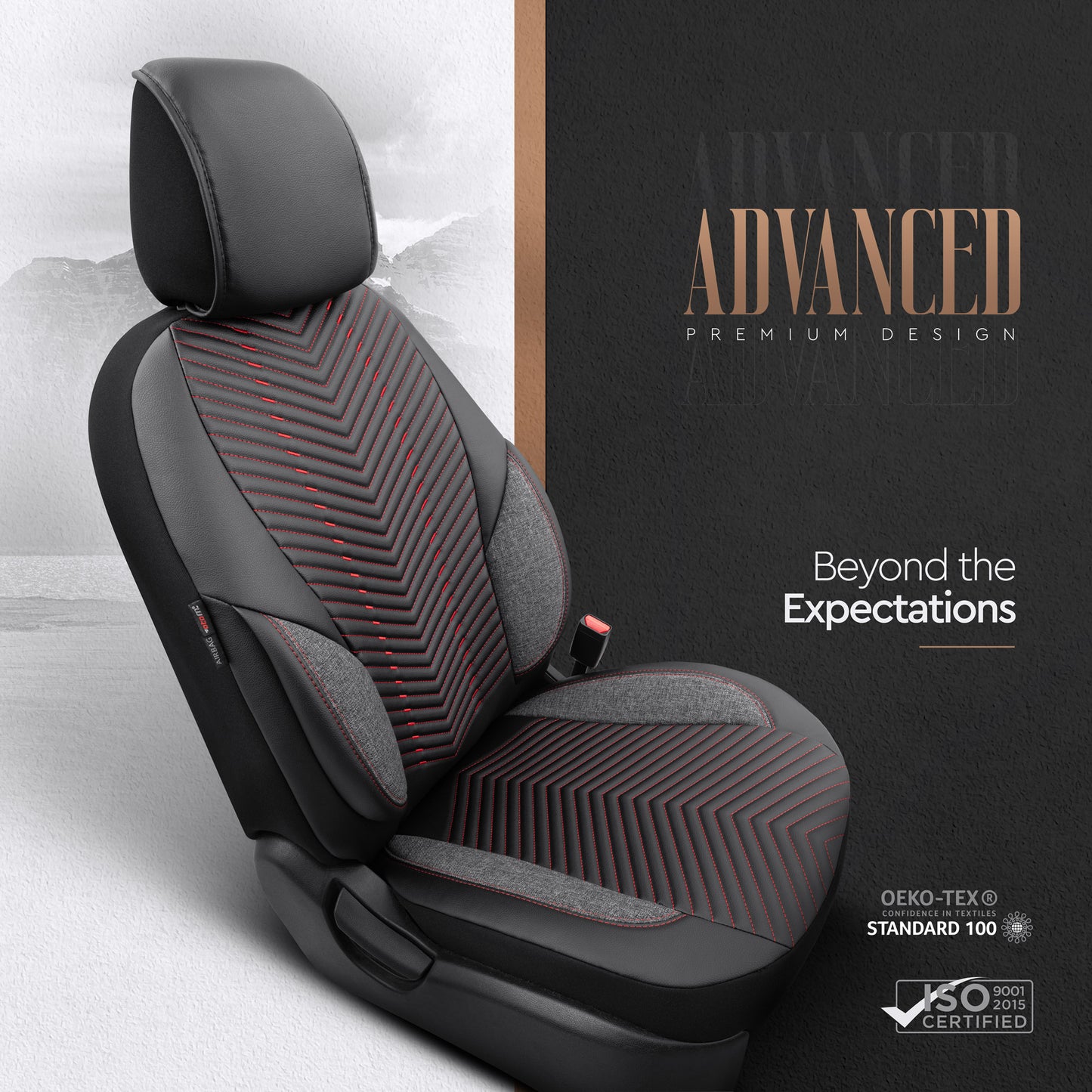 Set Tapițerie Lux Advanced – Piele ecologică, Negru/Roșu, pentru Scaune Față și Spate