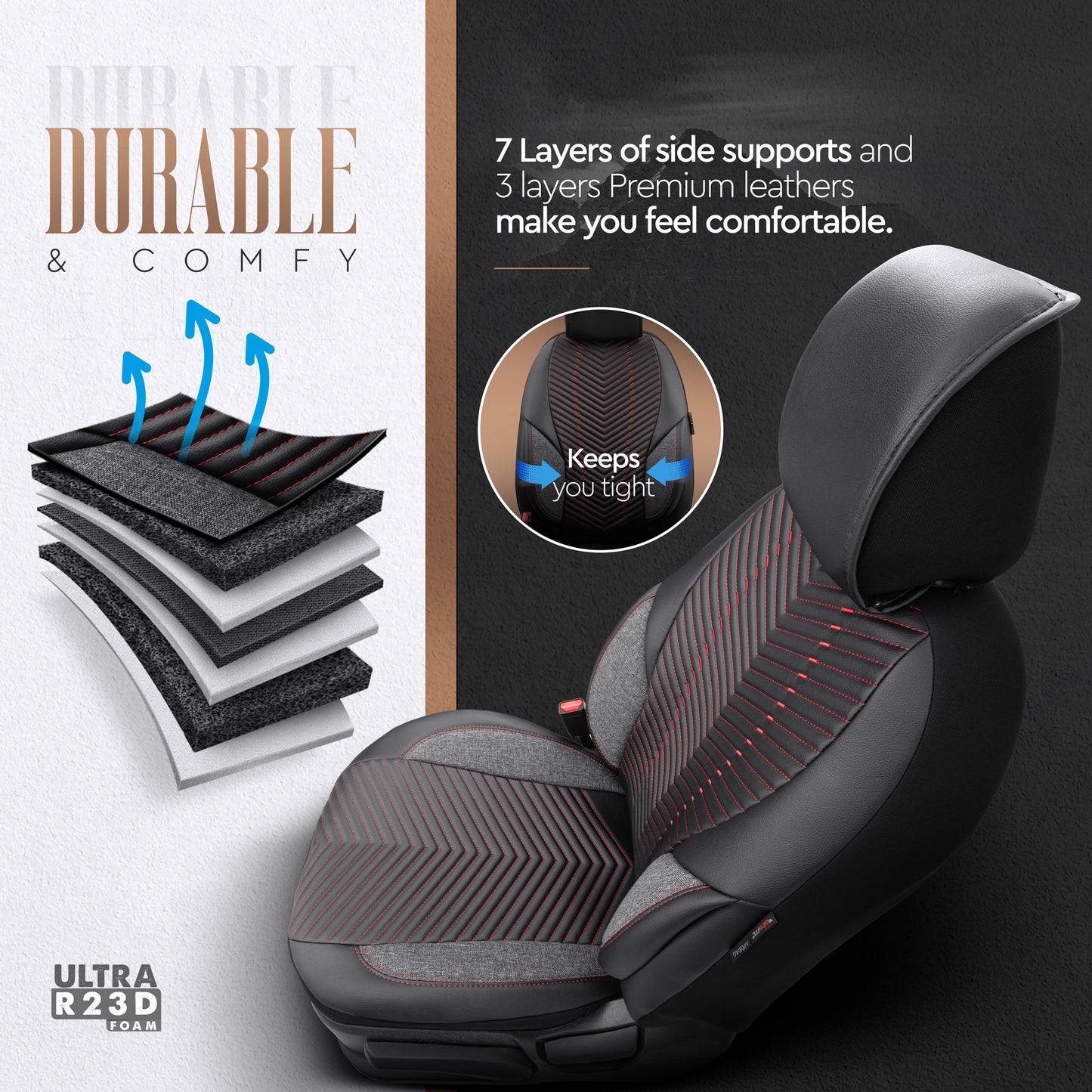 Set Tapițerie Lux Advanced – Piele ecologică, Negru/Roșu, pentru Scaune Față și Spate