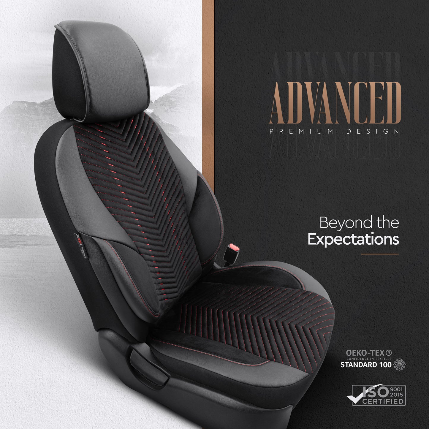 Set Tapițerie Lux Advanced – Alcantara, Negru/Roșu, pentru Scaune Față și Spate