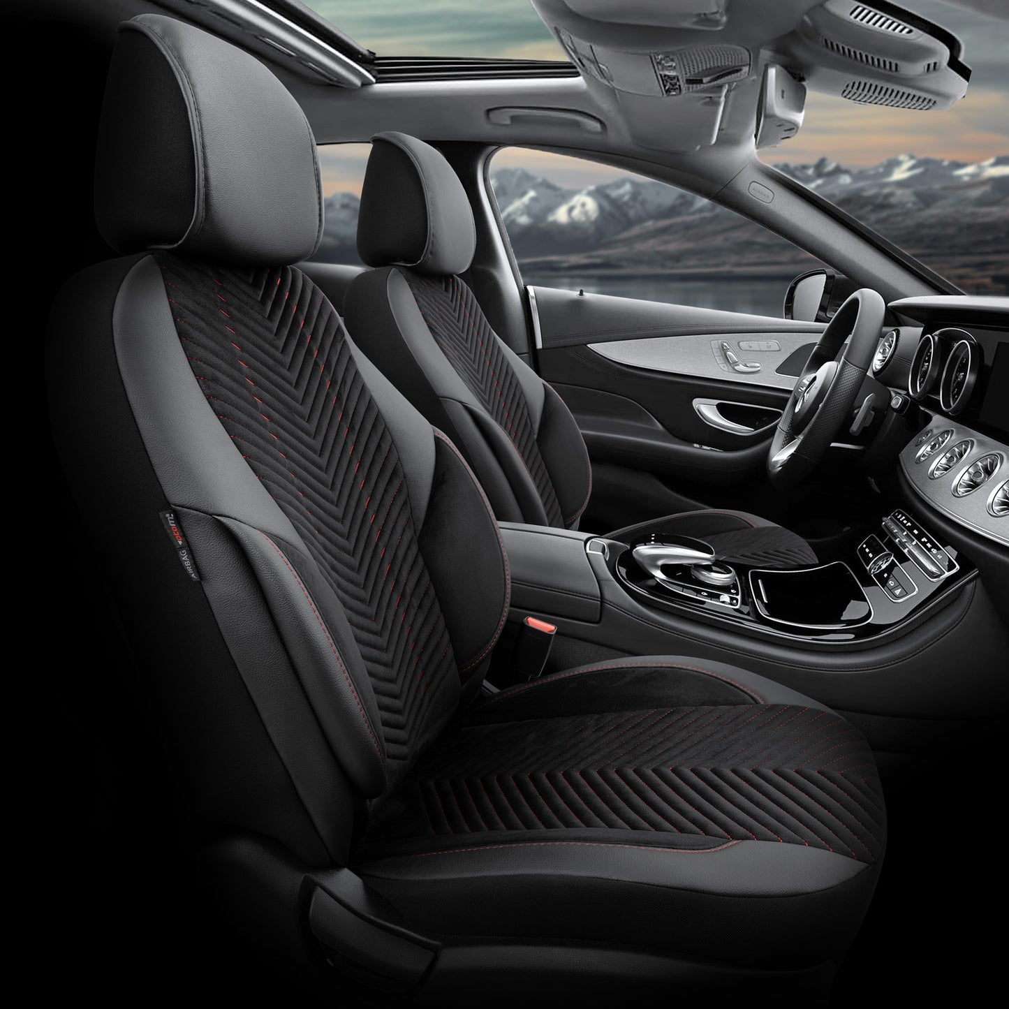 Set Tapițerie Lux Advanced – Alcantara, Negru/Roșu, pentru Scaune Față și Spate