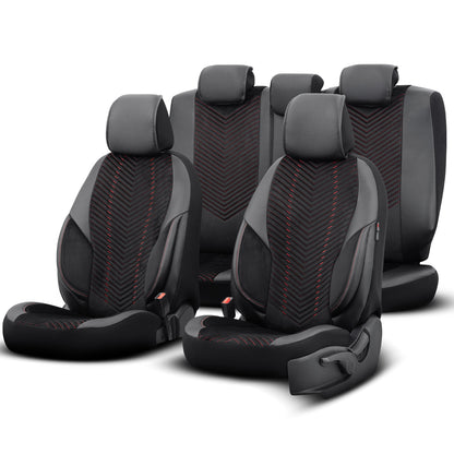 Set Tapițerie Lux Advanced – Alcantara, Negru/Roșu, pentru Scaune Față și Spate