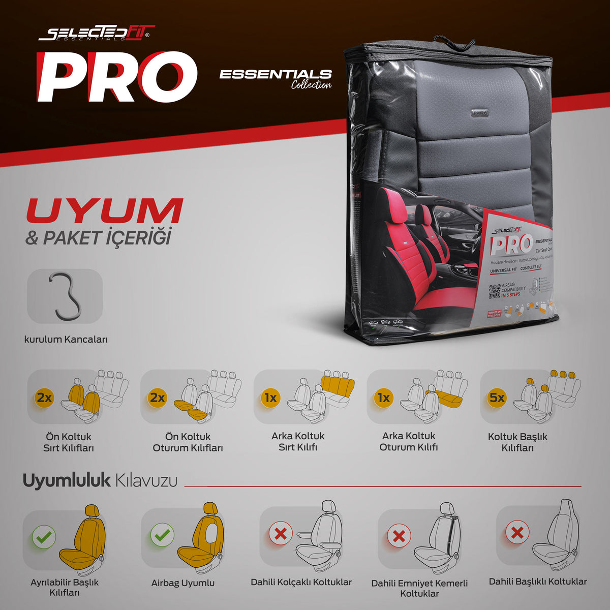 Set huse Selectedfit Pro 102 – Negru/gri, pentru scaunele din față și din spate