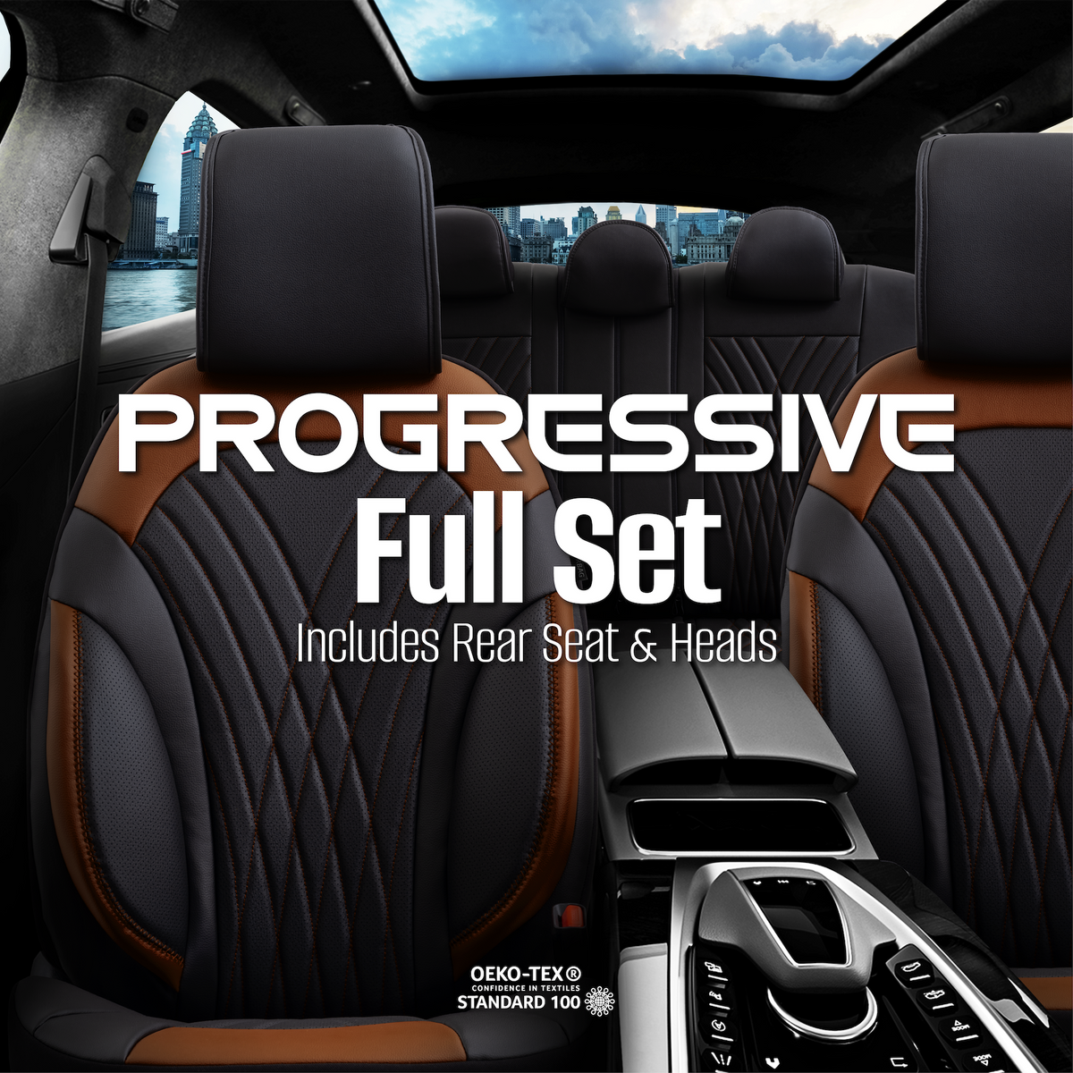 Set de tapițerie Progressive 108 - negru/maro caramel, pentru scaunele din față și din spate
