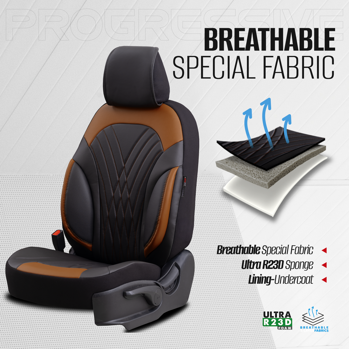 Set de tapițerie Progressive 108 - negru/maro caramel, pentru scaunele din față și din spate