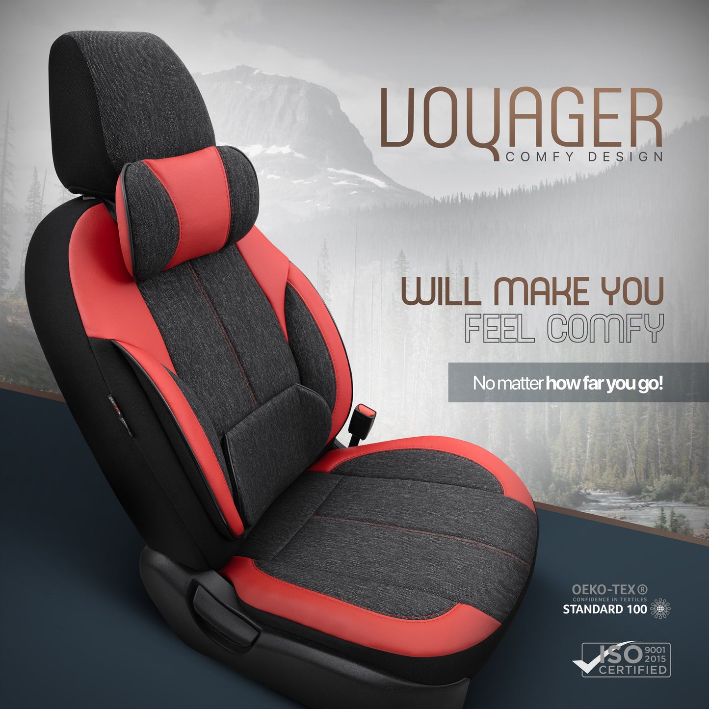 Set Tapițerie Ergonomică Voyager – Negru/Roșu, Textil, pentru Scaune Față și Spate