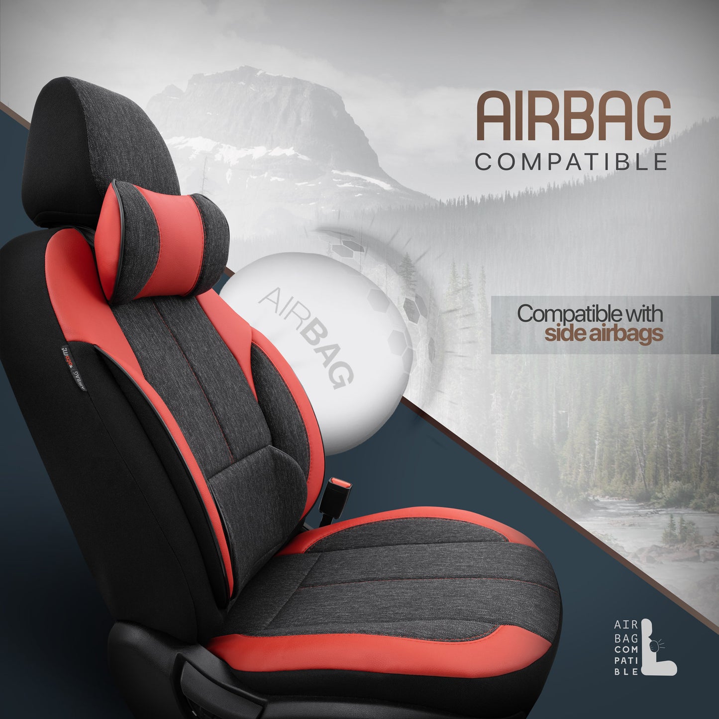 Set Tapițerie Ergonomică Voyager – Negru/Roșu, Textil, pentru Scaune Față și Spate
