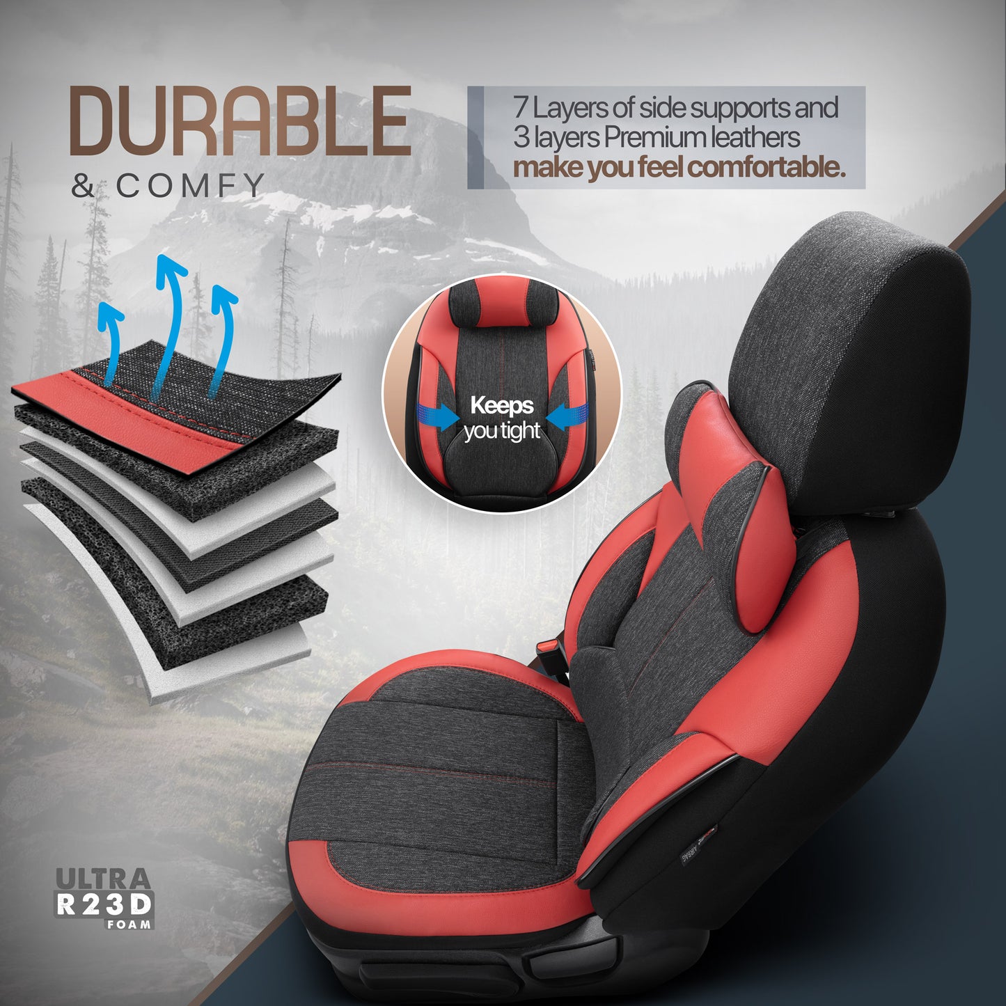 Set Tapițerie Ergonomică Voyager – Negru/Roșu, Textil, pentru Scaune Față și Spate