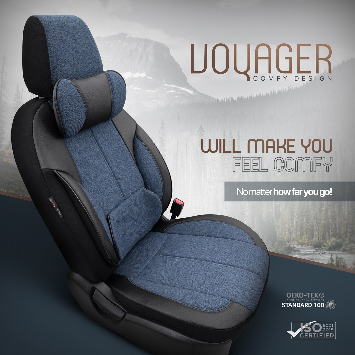 Set Tapițerie Ergonomică Voyager – Negru/Albastru, Textil, pentru Scaune Față și Spate