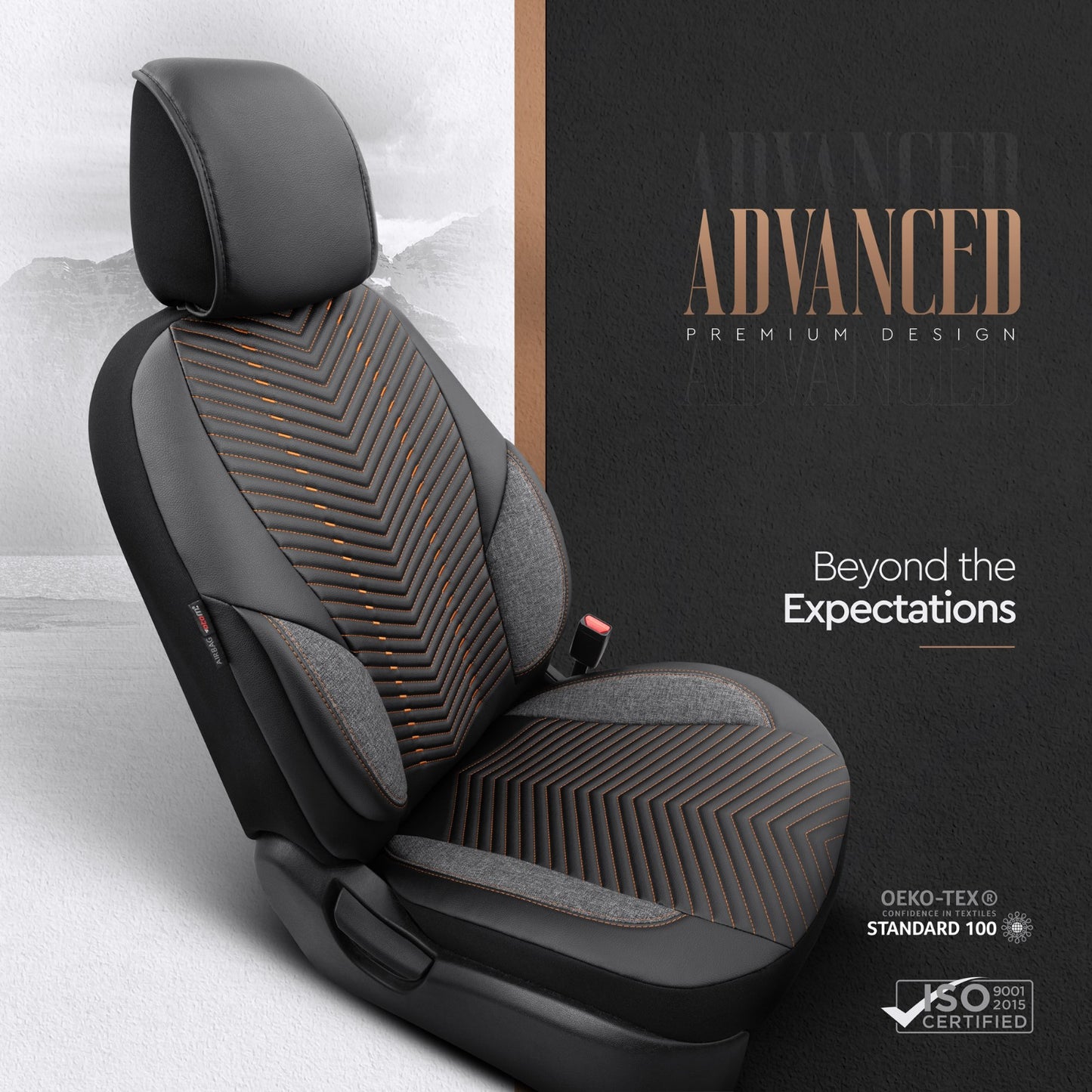 Set Tapițerie Lux Advanced – Piele Eco, Negru/Portocaliu, pentru Scaune Față și Spate
