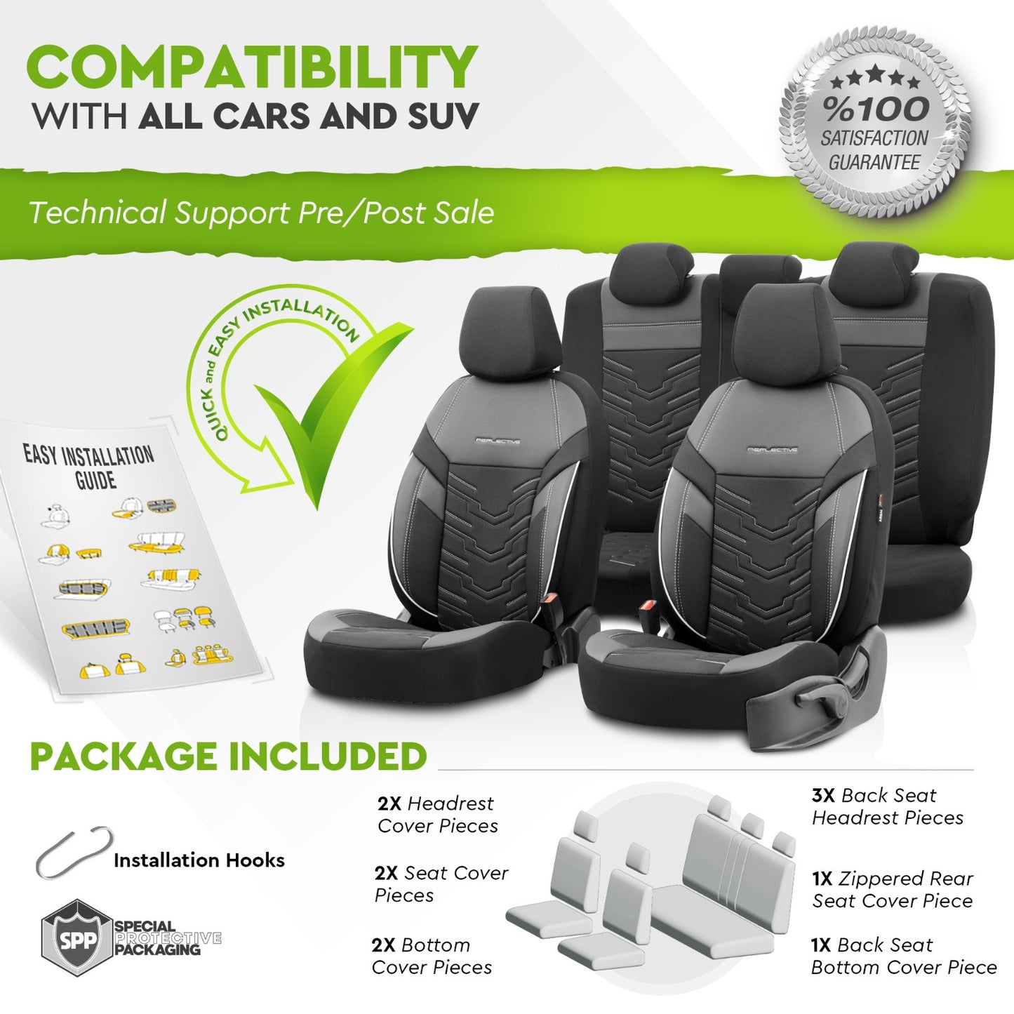 Set Tapițerie Reflective – Negru, Textil cu Piele Eco, pentru Scaune Față și Spate