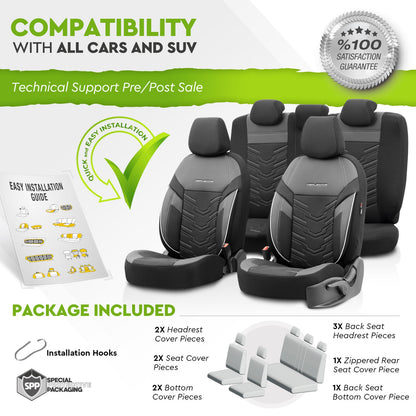 Set Tapițerie Reflective – Negru, Textil cu Piele Eco, pentru Scaune Față și Spate