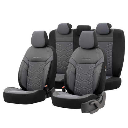Set Tapițerie Reflective – Negru/Gri, Textil cu Piele Eco, pentru Scaune Față și Spate