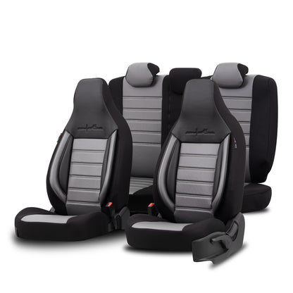 Set Tapițerie Comfortline City – Negru/Gri, cu Piele Eco, pentru Scaune Față și Spate (Pentru mașini mici de oraș)