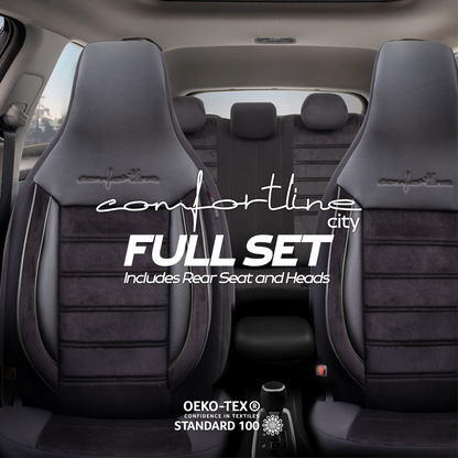Set Tapițerie Comfortline City – Negru, cu Alcantara, pentru Scaune Față și Spate (Pentru mașini mici de oraș)