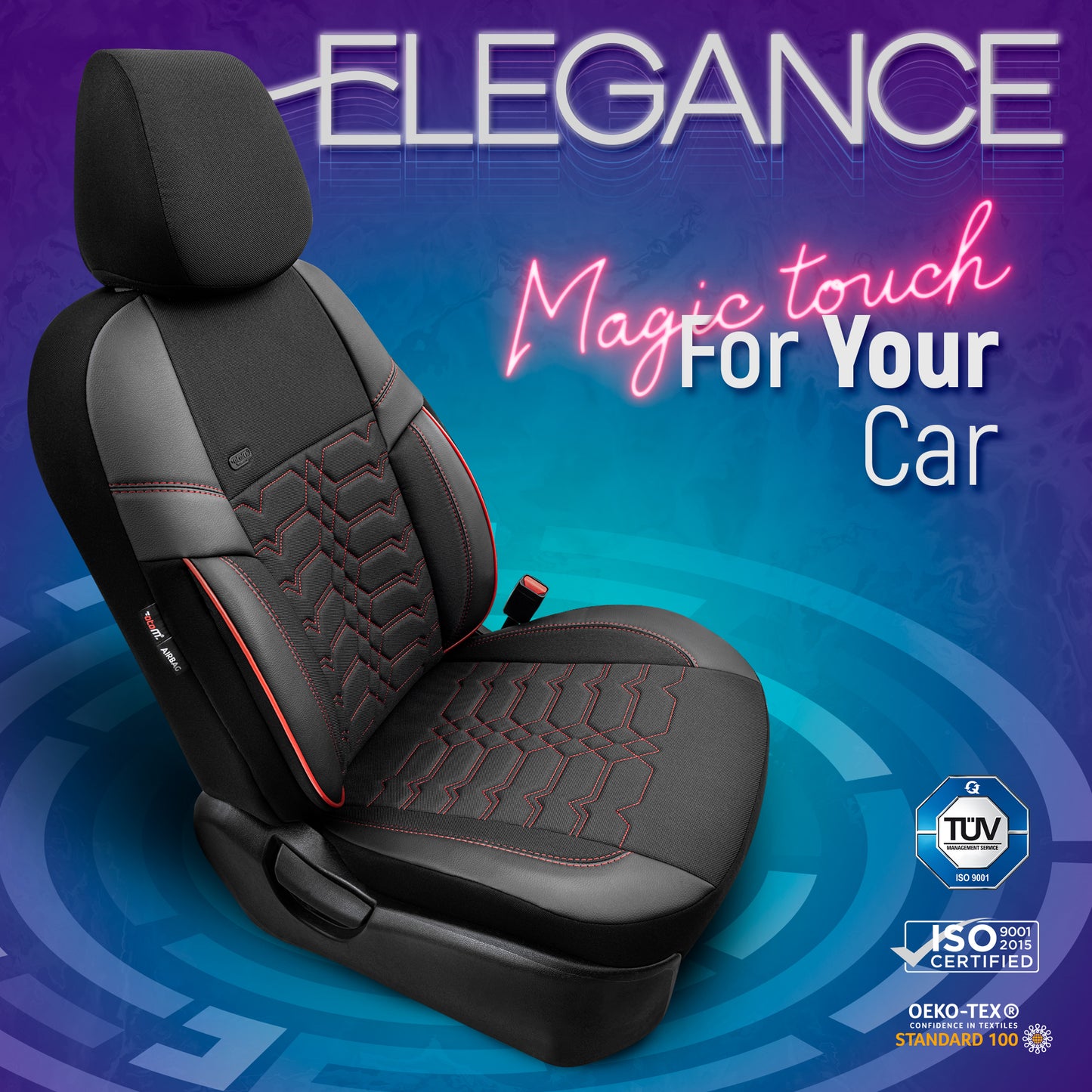 Set Tapițerie Elegance – Negru cu Cusătură Roșie, Textil, pentru Scaune Față și Spate