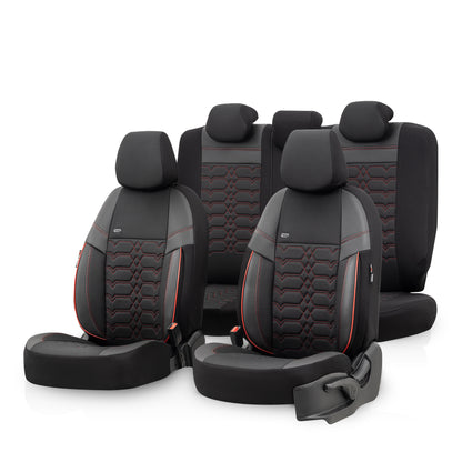 Set Tapițerie Elegance – Negru cu Cusătură Roșie, Textil, pentru Scaune Față și Spate