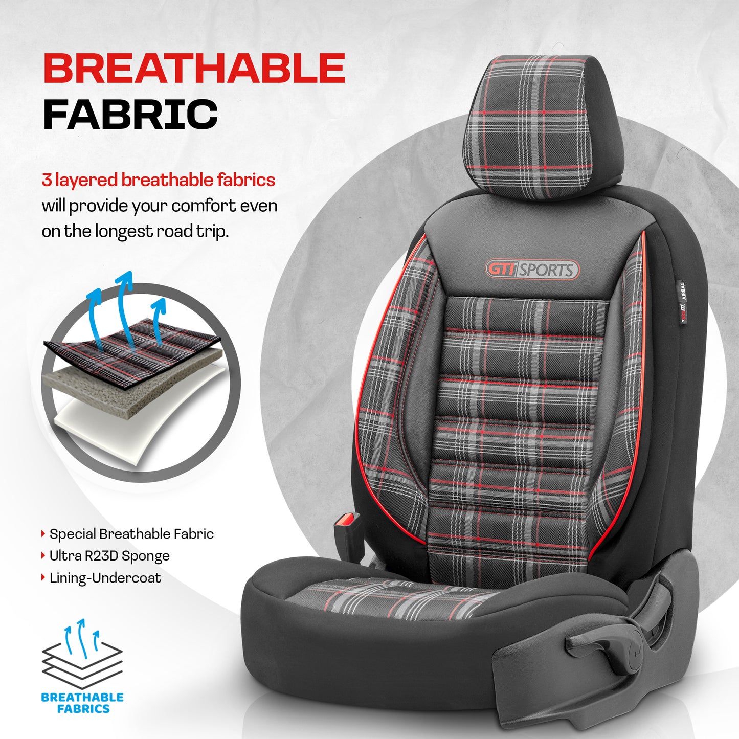 Set Tapițerie GTI Sports – Negru/Roșu, Textil, pentru Scaune Față și Spate