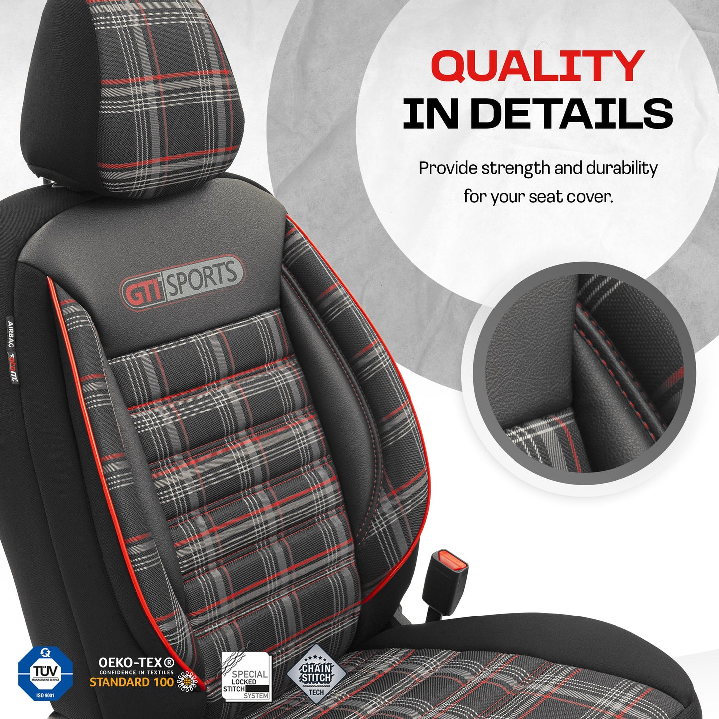 Set Tapițerie GTI Sports – Negru/Roșu, Textil, pentru Scaune Față și Spate
