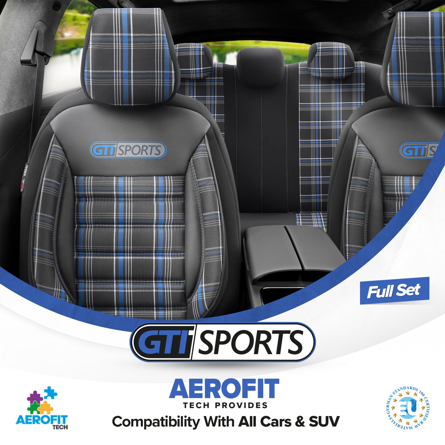 Set Tapițerie GTI Sports – Negru/Albastru, Textil, pentru Scaune Față și Spate
