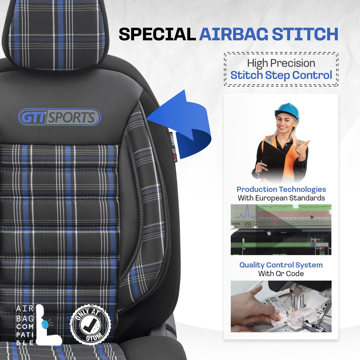 Set Tapițerie GTI Sports – Negru/Albastru, Textil, pentru Scaune Față și Spate