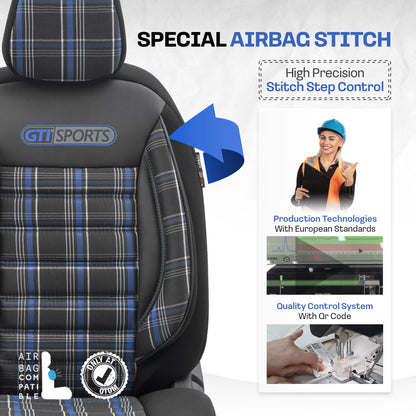 Set Tapițerie GTI Sports – Negru/Albastru, Textil, pentru Scaune Față și Spate