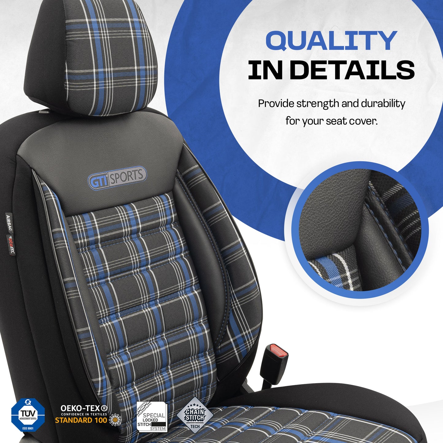 Set Tapițerie GTI Sports – Negru/Albastru, Textil, pentru Scaune Față și Spate