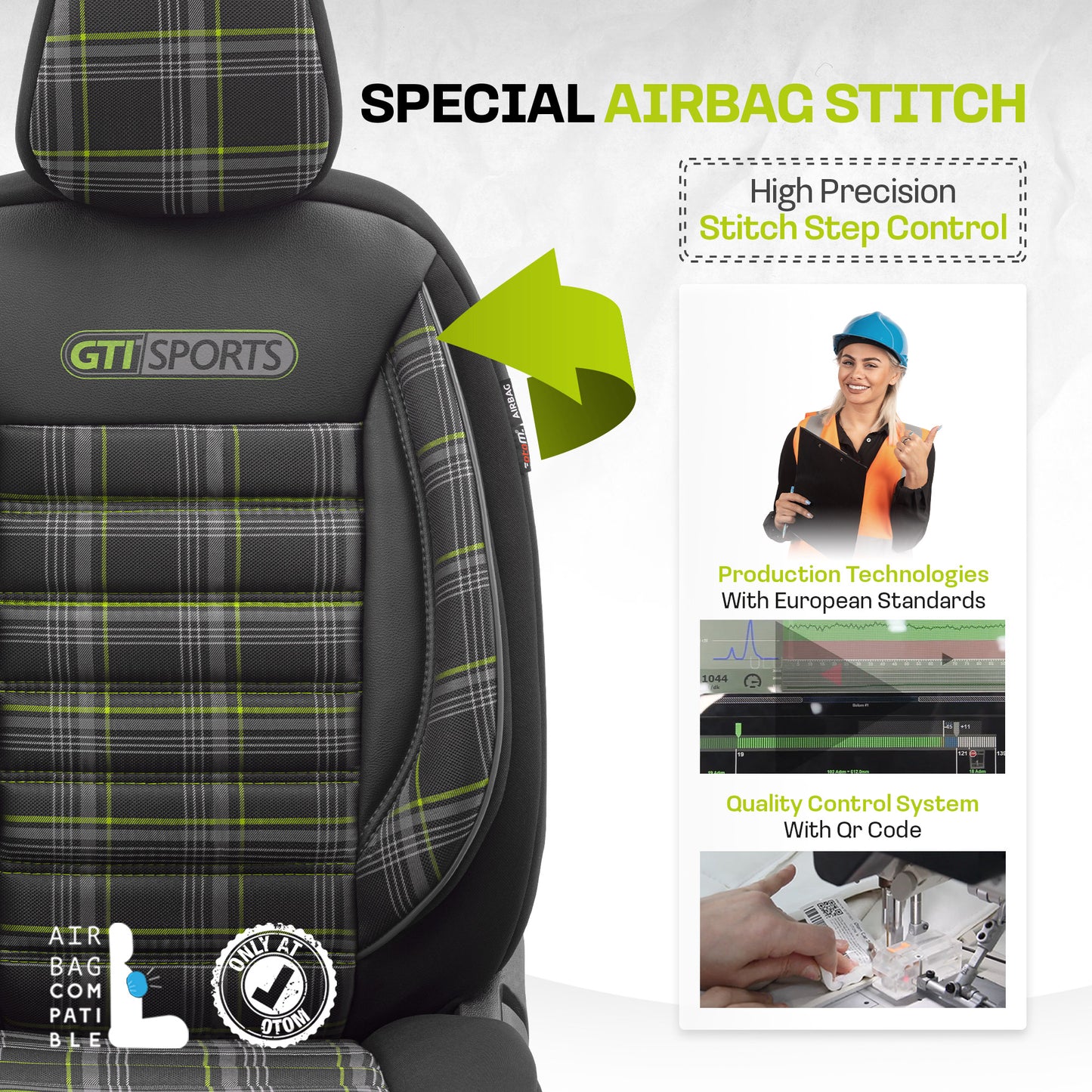 Set Tapițerie GTI Sports – Negru/Verde, Textil, pentru Scaune Față și Spate