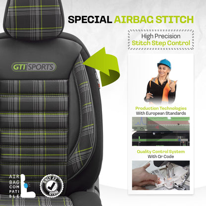 Set Tapițerie GTI Sports – Negru/Verde, Textil, pentru Scaune Față și Spate