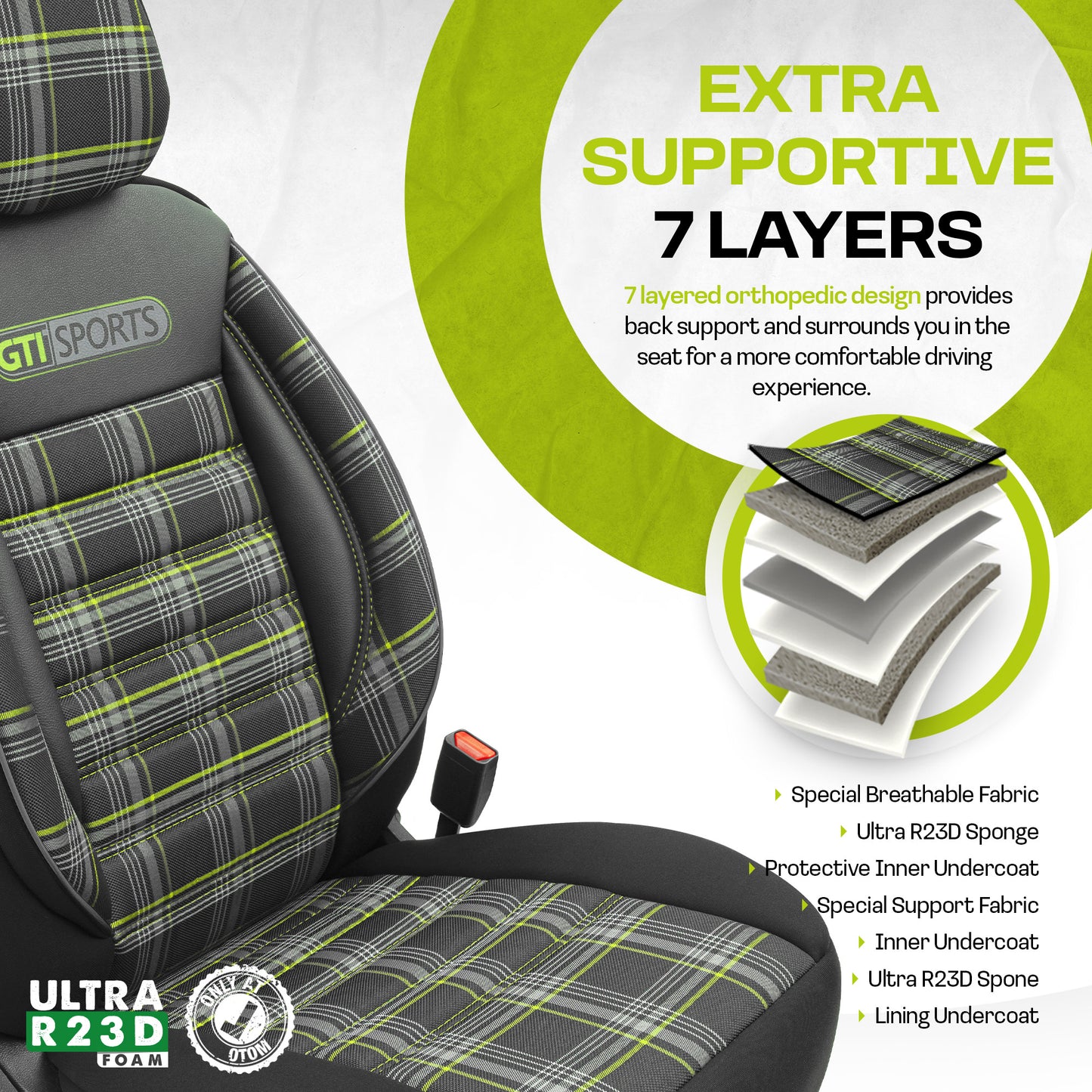 Set Tapițerie GTI Sports – Negru/Verde, Textil, pentru Scaune Față și Spate