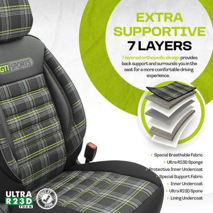Set Tapițerie GTI Sports – Negru/Verde, Textil, pentru Scaune Față și Spate