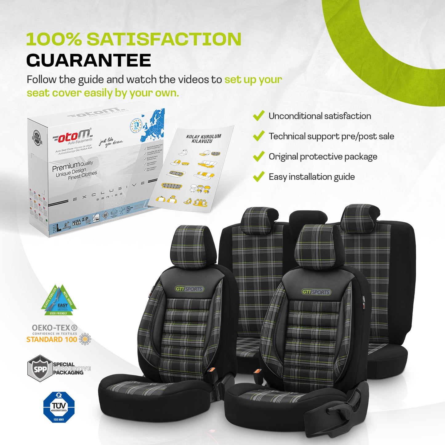 Set Tapițerie GTI Sports – Negru/Verde, Textil, pentru Scaune Față și Spate
