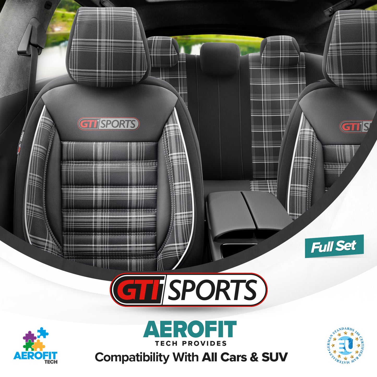 Set Tapițerie GTI Sports – Negru/Alb, Textil, pentru Scaune Față și Spate