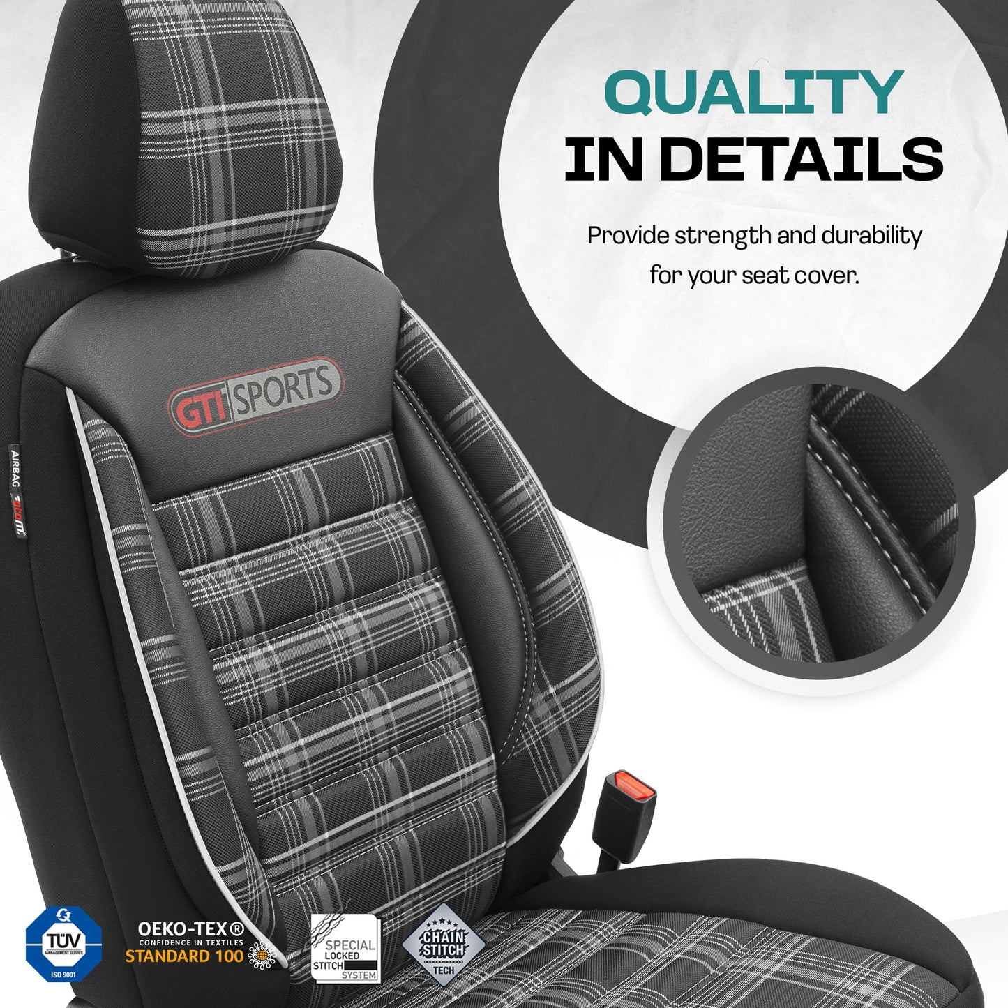 Set Tapițerie GTI Sports – Negru/Alb, Textil, pentru Scaune Față și Spate