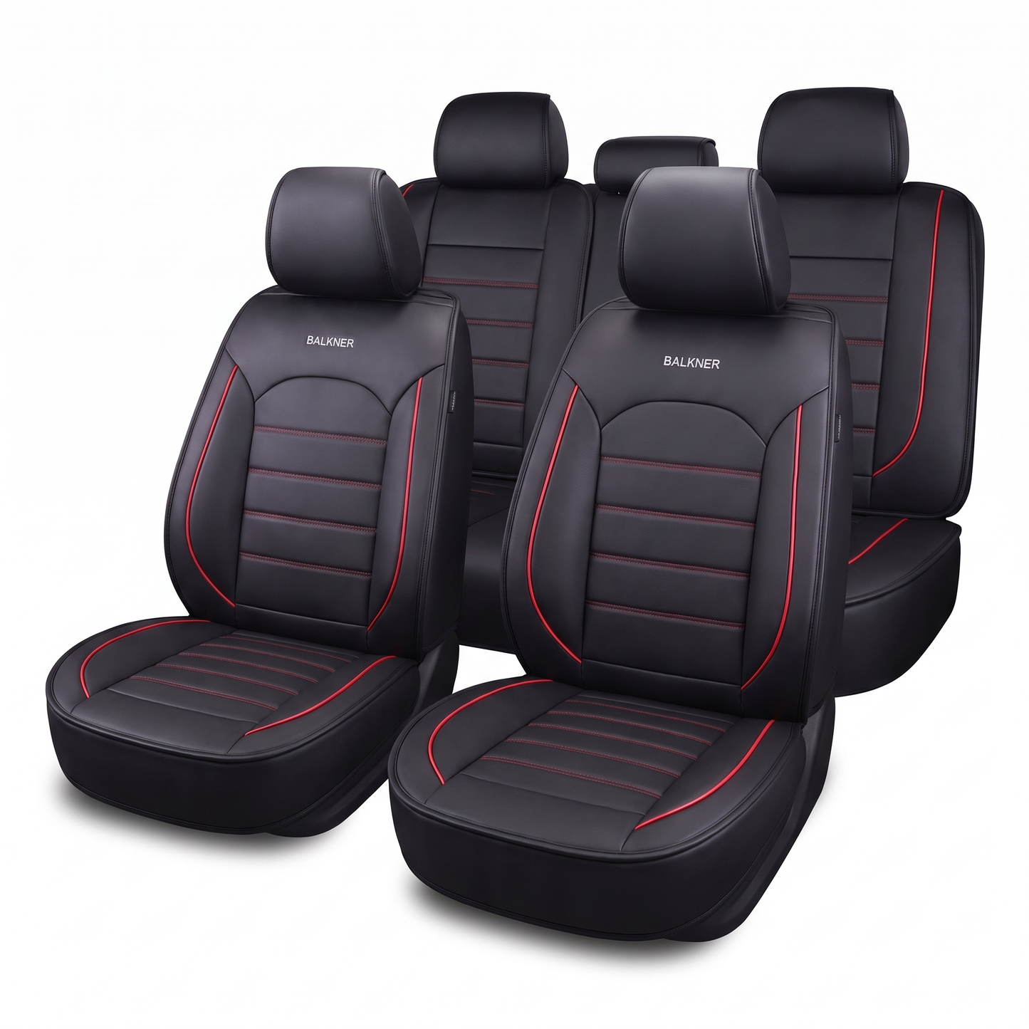 Husă universală luxoasă pentru scaune auto Balkner, piele ecologică, 9 piese – Neagră cu cusătură roșie