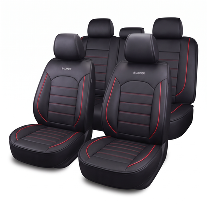 Husă universală luxoasă pentru scaune auto Balkner, piele ecologică, 9 piese – Neagră cu cusătură roșie